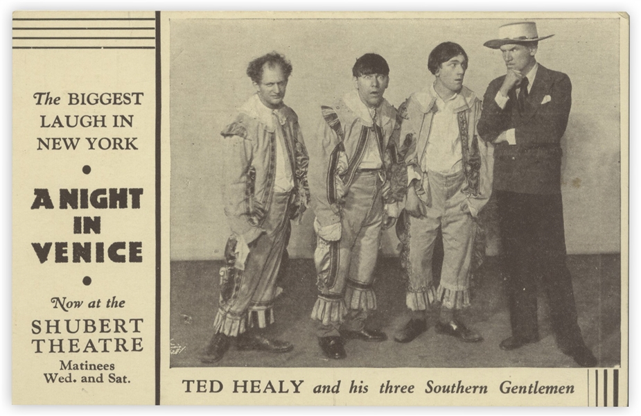 ''A Night in Venice'' Postcard, Circa 1929, Featuring ''Ted Healy and his three Southern Gentlemen'' -- 5.5'' x 3.5'' Postcard Promotes Show at the Shubert Theatre -- Sticker on Back, Else Near Fine